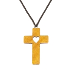 Collier - petite croix - cœur - bois - cordon ciré