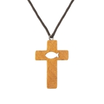 Collier - petite croix - poisson chrétien - Ichthus - bois - cordon ciré