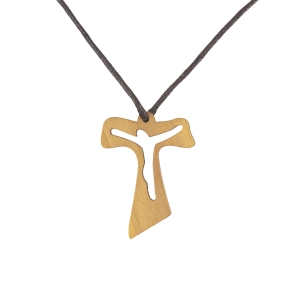 Necklace - Tau cross - wood - waxed cord