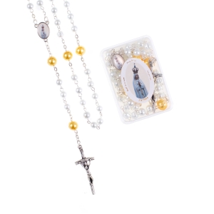 Chapelet - verre - revêtement perlé - 6 et 8 mm - Notre-Dame de Fatima - boîte
