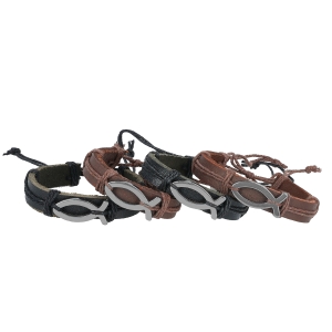 Armband – Hämatit – Leder – christliches Fischsymbol – Ichthys – Hämatit