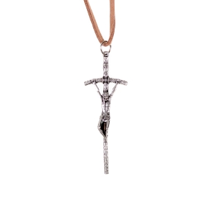 Collier - petite croix papale - lacet en cuir