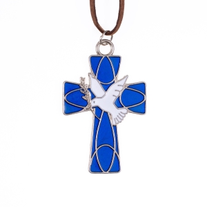 Collier - petite croix - Saint-Esprit - lacet en cuir
